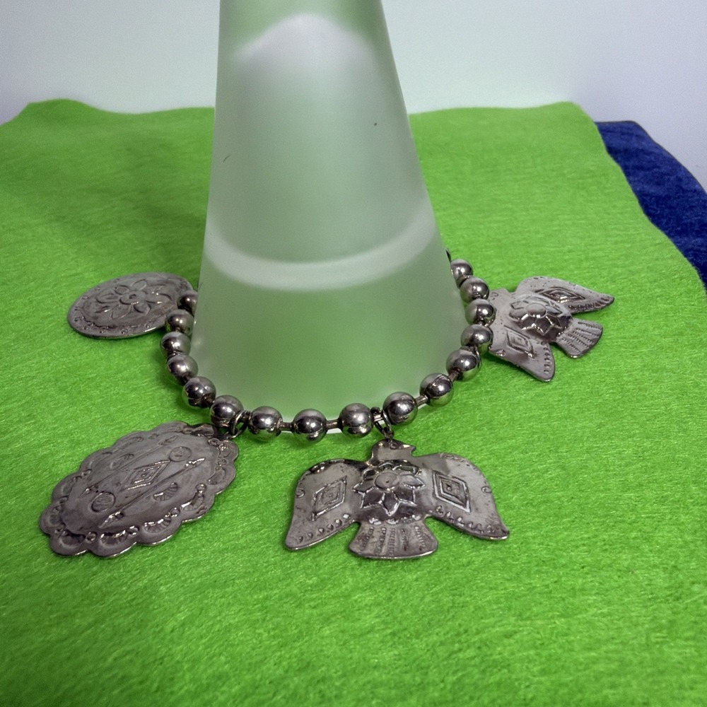 Vtg Statement Aluminum Chunky Native American Thunderbird Charm Bracelet 8in